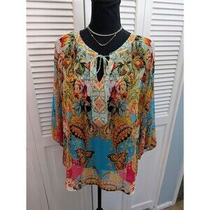 Fig & Flower Top Womens M Boho Sheer Multi Paisley Floral Blouse Lace Fairycore